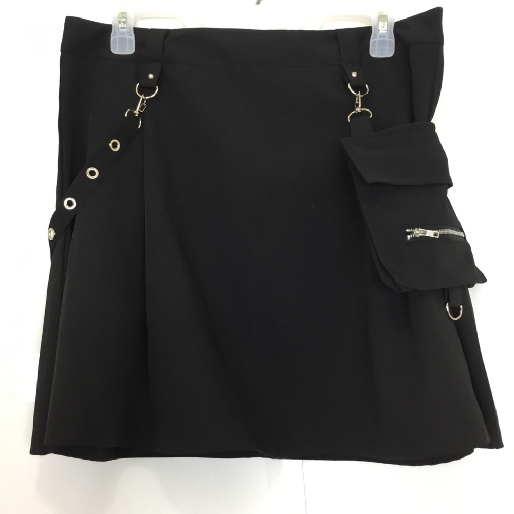 Black Goth Emo Punk Mini Skirt Detachable Belt Strap & Zip Pouch Metal Y2K XL